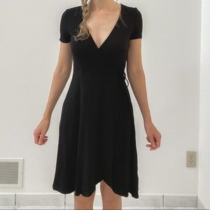 Black Faux Wrap Dress A-line Flowy Short Sleeves